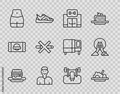 Set line Junk food, Healthy, Gym building, Positive thinking, Women waist, No Smoking, Bench with barbel and Meditation icon. Vector