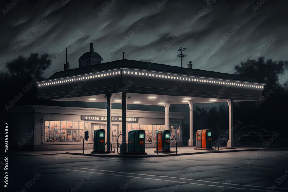 Retro gas station in usa 60s with neon AI