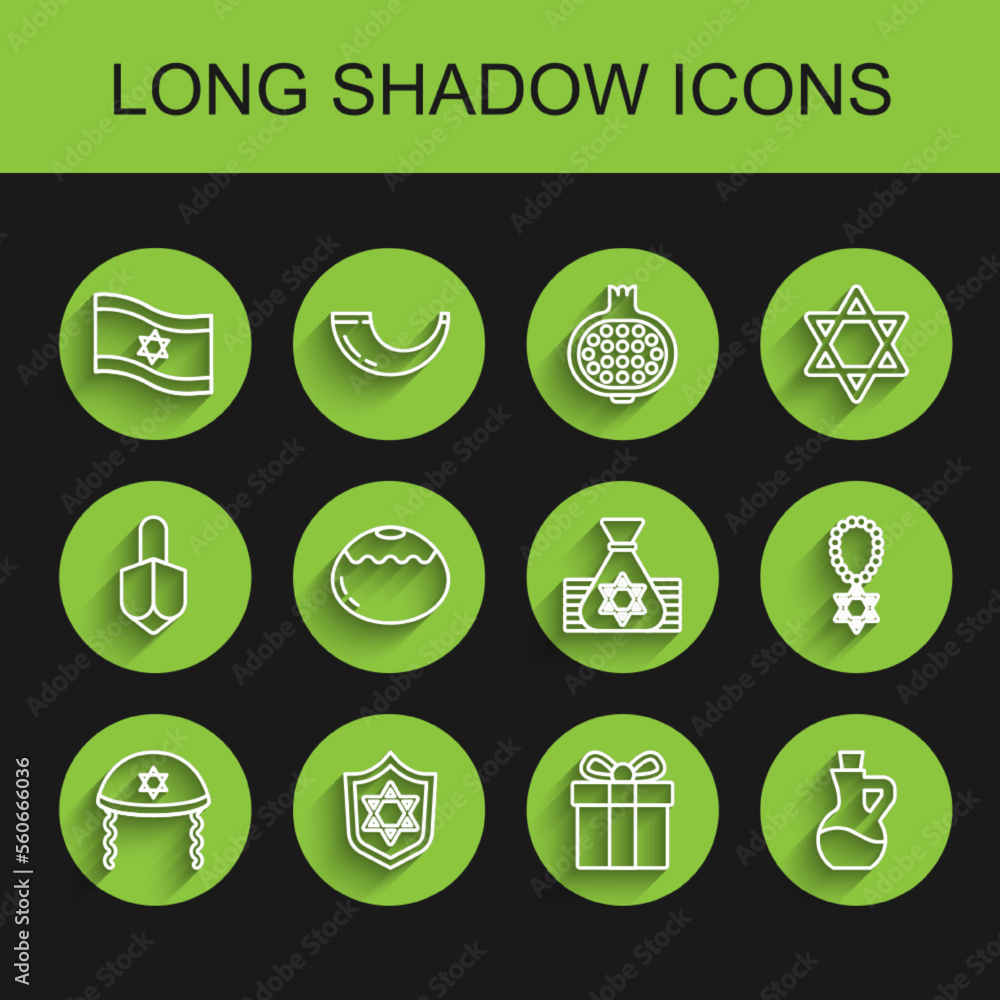 Set line Jewish kippah, Shield with Star of David, Flag Israel, Gift box, Bottle olive oil, sweet bakery, necklace on chain and money bag icon. Vector Set line Jewish kippah, Shield with Star of David, Flag Israel, Gift box, Bottle olive oil, sweet bakery, necklace on chain and money bag icon. Vector