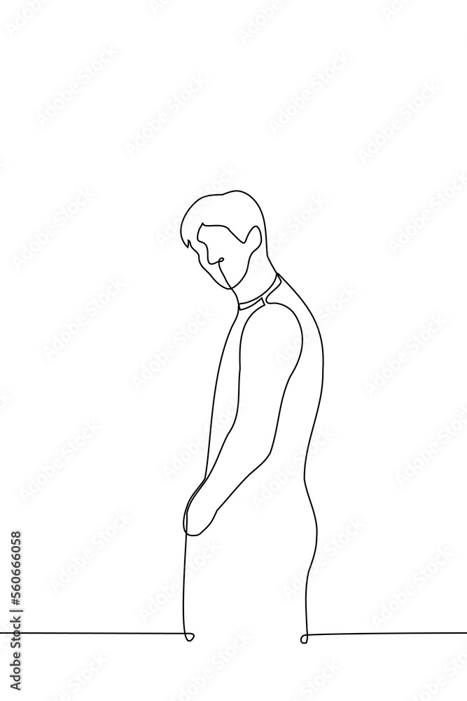 man standing with his back to the viewer and his hand in his pocket, man turned to the viewer - one line drawing vector. concept look around, see off, reluctantly leave