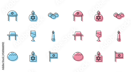 Set line Jewish sweet bakery, Burning candle, kippah, Flag of Israel, goblet, Orthodox jewish hat and icon. Vector