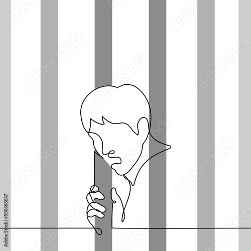 man stuck his head through the bars and shouts - one line drawing vector. concept to be stuck or suffer in captivity