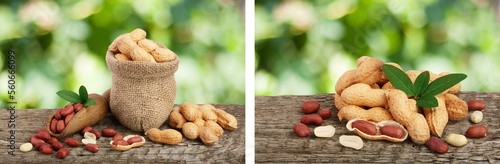 peanuts with leaf in bag on old wooden table with a blurry garden background