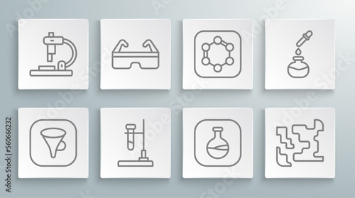 Set line Funnel or filter, Safety goggle glasses, Test tube flask on fire, and, Gaseous, Formula of benzene rings, and Microscope icon. Vector