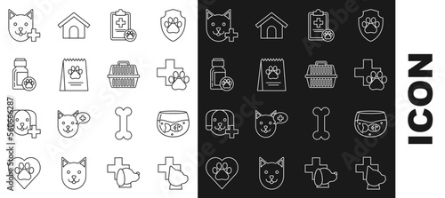 Set line Veterinary clinic symbol, Aquarium with fish, Clipboard medical clinical record pet, Bag of food for dog, Dog medicine bottle, and Pet carry case icon. Vector