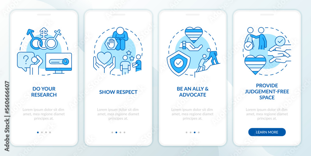 Supporting gender identity blue onboarding mobile app screen. Walkthrough 4 steps editable graphic instructions with linear concepts. UI, UX, GUI template. Myriad Pro-Bold, Regular fonts used Supporting gender identity blue onboarding mobile app screen. Walkthrough 4 steps editable graphic instructions with linear concepts. UI, UX, GUI template. Myriad Pro-Bold, Regular fonts used