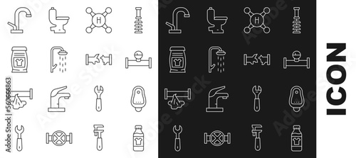 Set line Bottle for cleaning agent, Toilet urinal pissoir, Industry pipe and manometer, Water tap, Shower, Laundry detergent, and Broken icon. Vector