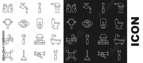 Set line Wrench spanner, Bathtub, Toilet bowl, Screwdriver, Water meter, Filter wrench, Rubber gloves and Electric boiler icon. Vector