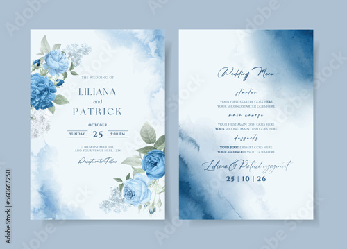 Watercolor wedding invitation template set with blue floral and leaves decoration