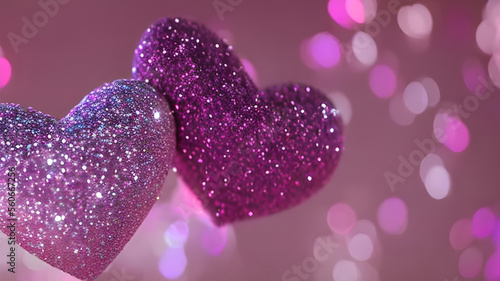 Two purple sparkly hearts on a pink bokeh background, creating a magical, romantic atmosphere perfect for Valentine's Day. Party, celebration of love and friendship concept. Copy space