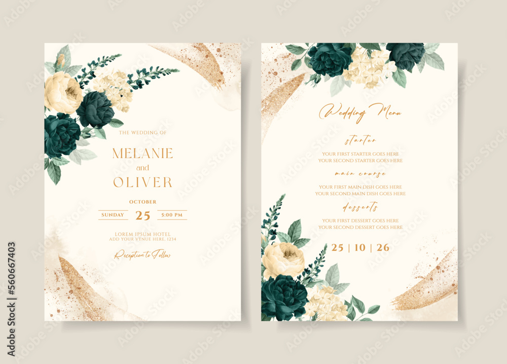 Wedding invitation template set with emerald green floral and leaves  decoration Stock Vector | Adobe Stock