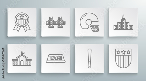 Set line United States Capitol Congress, Golden gate bridge, Taxi car roof, Baseball bat, Shield with stars, American football helmet, City landscape and Medal icon. Vector