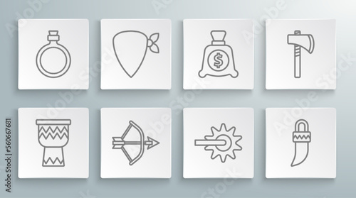 Set line Drum, Cowboy bandana, Bow arrow in quiver, Spur, Tooth, Money bag, Tomahawk axe and Canteen water bottle icon. Vector