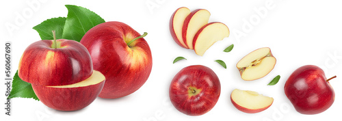 Red apple with half isolated on white background with full depth of field. Top view. Flat lay with copy space for your text