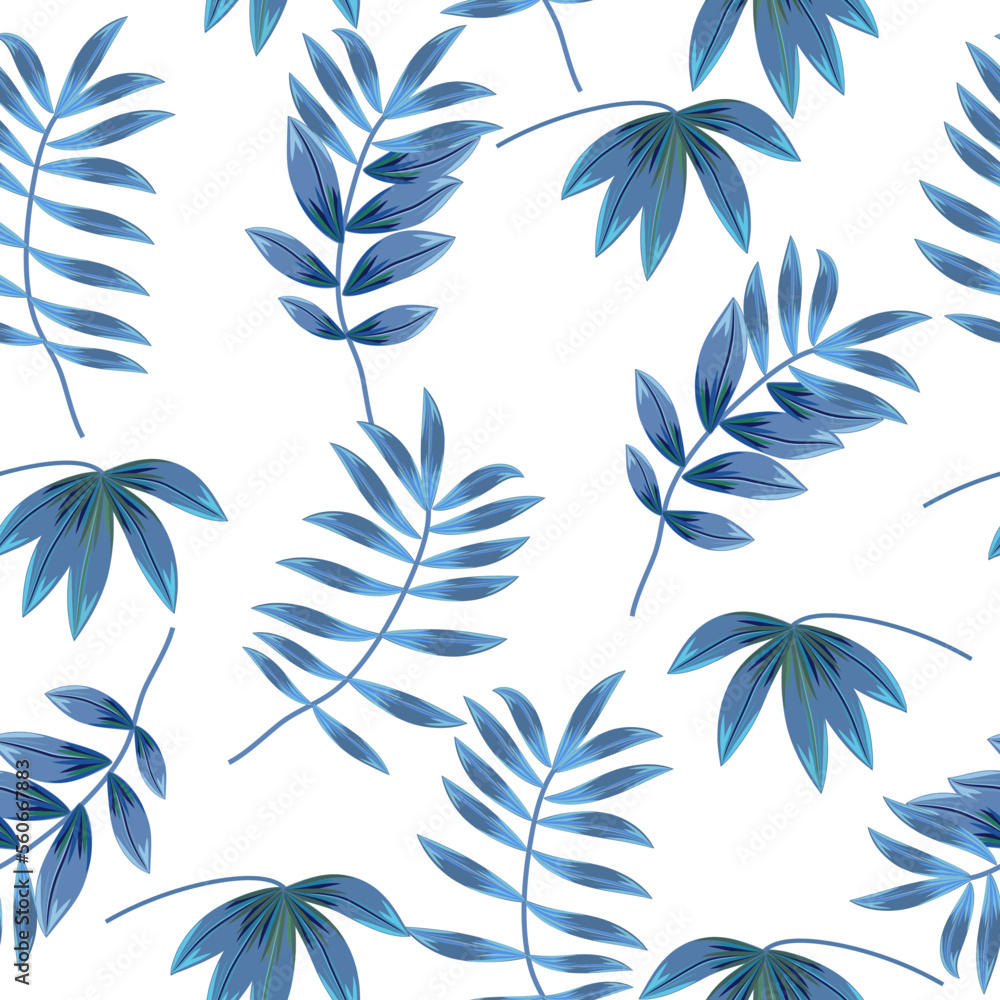Fototapeta premium Seamless pattern with abstract tropical leaves of palm tree on white. Vector background, jungle wallpaper for fabric