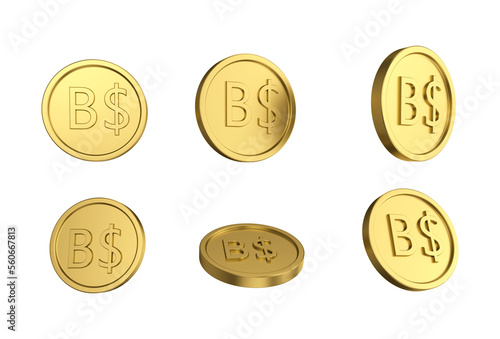 3d illustration Set of gold Bahamian dollar coin in different angels