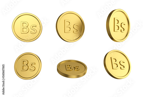 3d illustration Set of gold Bolivian boliviano coin in different angels