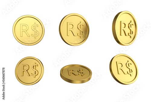 3d illustration Set of gold Brazilian real coin in different angels