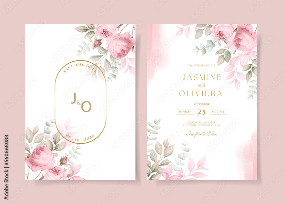 Wedding invitation template set with soft pink floral and leaves decoration