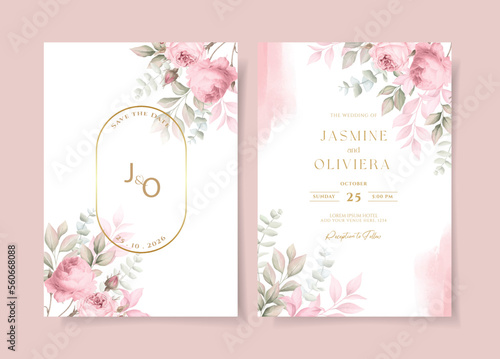 Wedding invitation template set with soft pink floral and leaves decoration