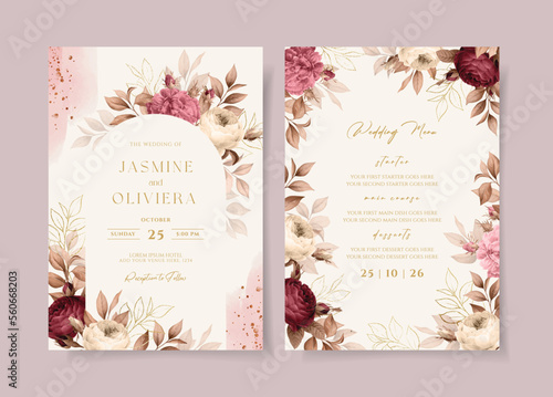 Wedding invitation template set with burgundy red floral and leaves decoration
