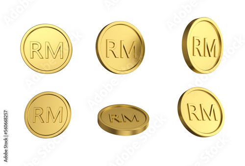 3d illustration Set of gold Malaysian ringgit coin in different angels photo