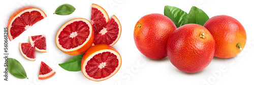 Blood red oranges isolated on white background. Top view. Flat lay