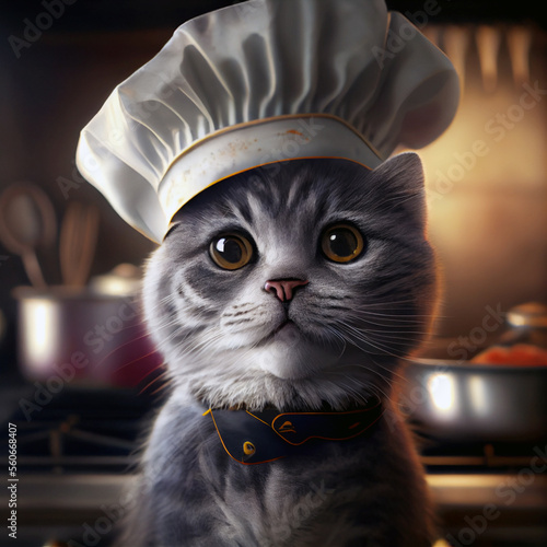 Cat cooks in the kitchen, created with Generative AI technology.