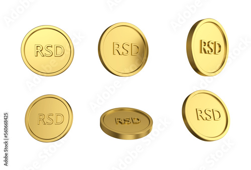 3d illustration Set of gold Serbian dinar coin in different angels