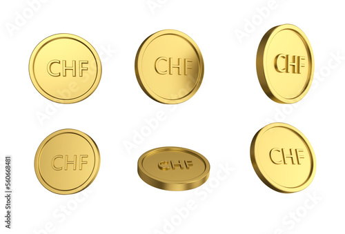 3d illustration Set of gold Swiss franc coin in different angels