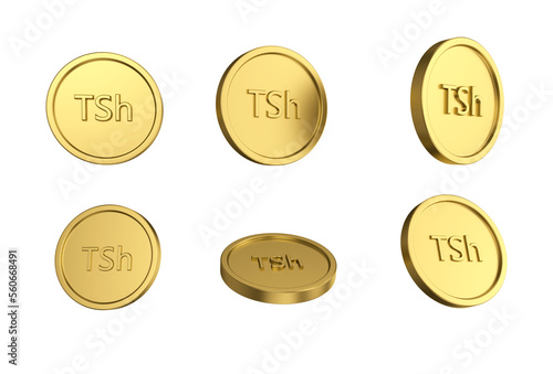 3d illustration Set of gold Tanzanian shilling coin in different angels
