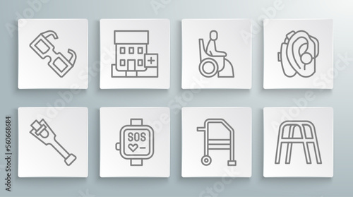 Set line Prosthesis leg, Medical hospital building, Smart watch, Walker, Woman wheelchair, Hearing aid and Eyeglasses icon. Vector