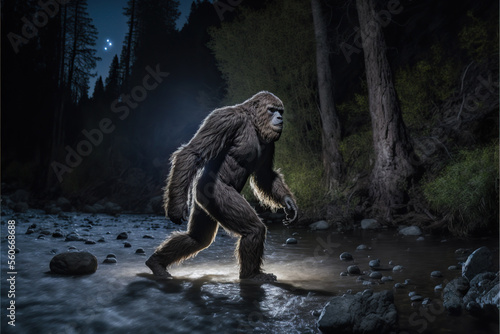 Bigfoot sasquatch crossing river. Generative AI photo
