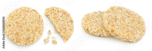 coconut cookies with white flax seeds and honey isolated on white background. Healthy food. Top view. Flat lay