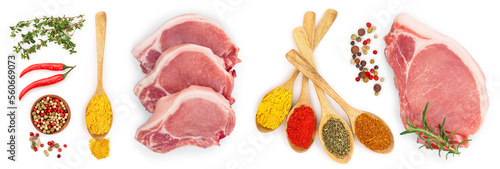 Obraz na płótnie sliced raw pork meat with spices isolated on white background