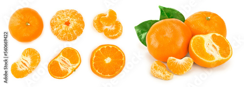 tangerine or mandarin with leaves isolated on white background. Top view. Flat lay. Set or collection