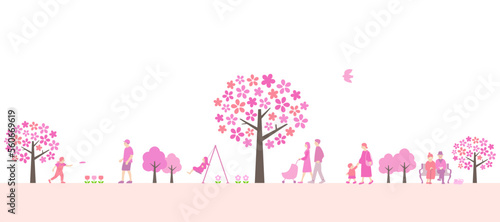 桜が咲く公園と人々の風景　背景素材