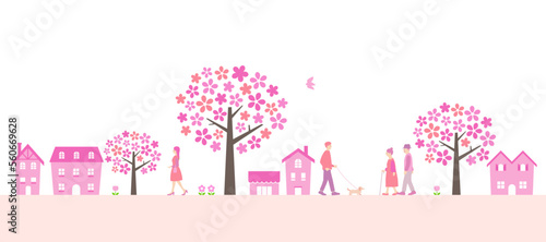 桜が咲く春の町並みと人々　背景素材