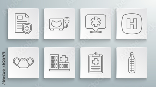 Set line Medical protective mask, Ultrasound, Hospital building, Patient record, thermometer, Location hospital, signboard and icon. Vector