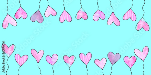 Long horizontal banner with balloons hearts. Simple, summer, spring background for birthday, Valentines day, congratulations, declarations of love, web