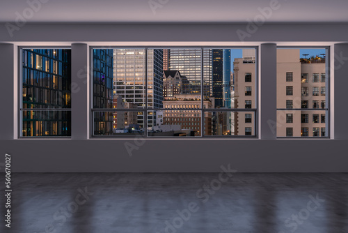 Downtown Los Angeles City Skyline Buildings from High Rise Window. Beautiful Expensive Real Estate overlooking. Epmty room Interior Skyscrapers View Cityscape. Night time. California. 3d rendering.
