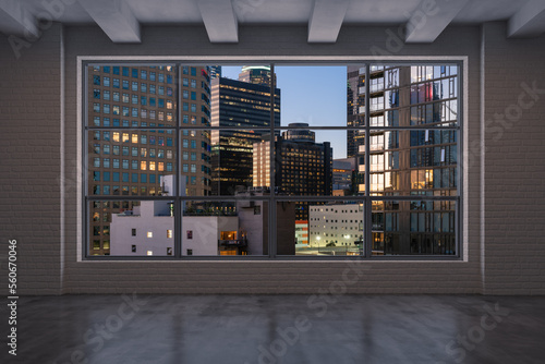 Downtown Los Angeles City Skyline Buildings from High Rise Window. Beautiful Expensive Real Estate overlooking. Epmty room Interior Skyscrapers View Cityscape. Night California. 3d rendering.