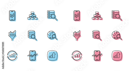 Set line Graph chart infographic, Mobile stock trading, Financial growth, Server, Search globe, Sales funnel with and Hierarchy organogram icon. Vector