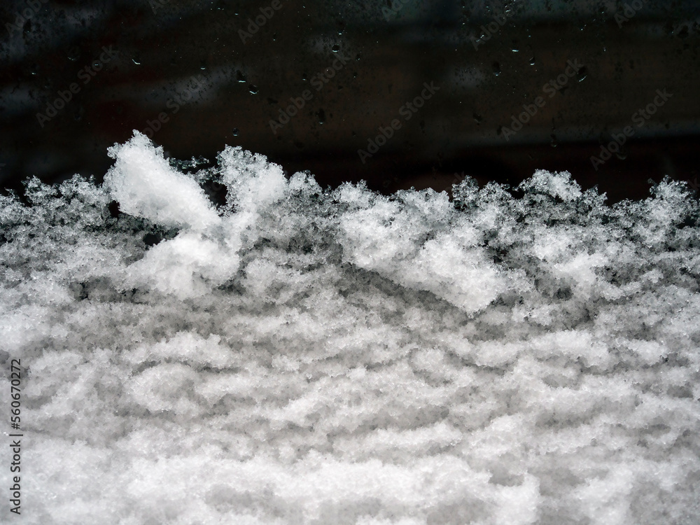 Snow on the car window . Close-up . Snow texture . Snow on the car window . Close-up . Snow texture .