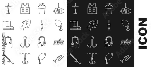 Set line Fishing line with hook and float, boat oars on water, spoon, bucket fishes, boots, and icon. Vector