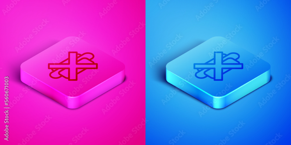 Isometric line No junk food icon isolated on pink and blue background. Prohibited hot dog. No Fast food sign. Square button. Vector Isometric line No junk food icon isolated on pink and blue background. Prohibited hot dog. No Fast food sign. Square button. Vector
