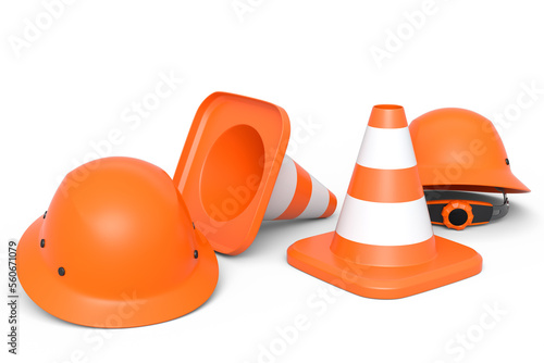 Set of safety helmets or hard hats and traffic cones on white background