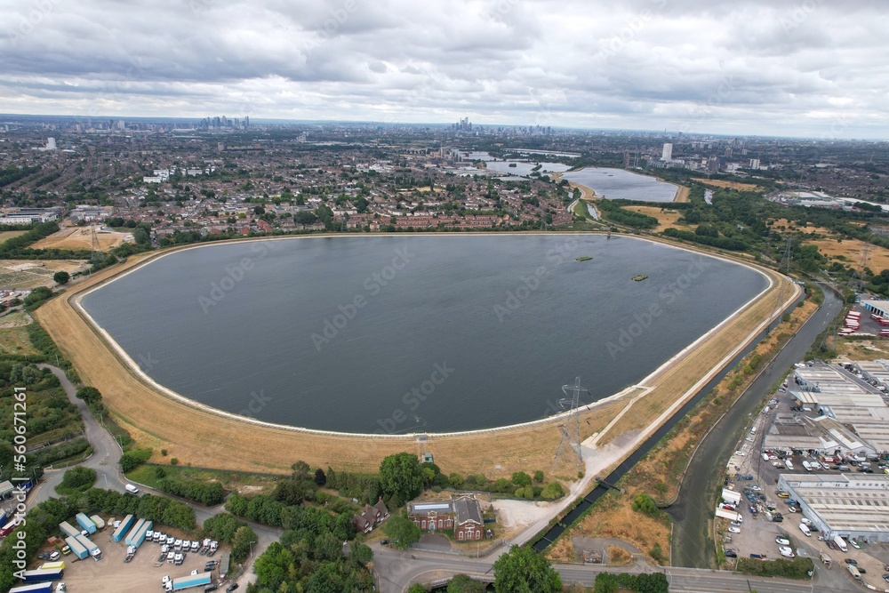 Banbury reservoir , East London UK drone aerial view .