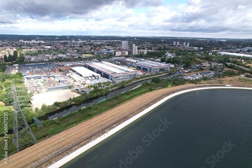 William Girling Reservoir Enfield Lea Valley London England drone aerial view.