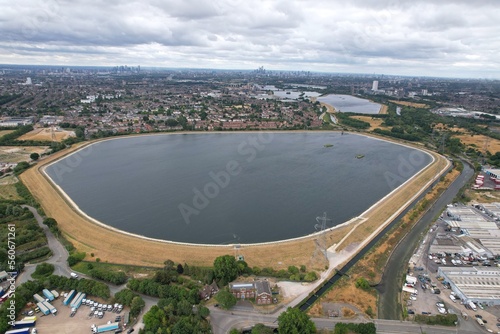 Photography Banbury reservoir , East London UK drone aerial view .